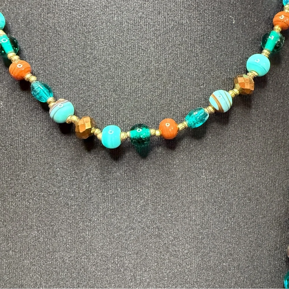Turquoise Amber Teal Glass Beaded Long‎ Multi Strand Bohemian Necklace Gold Tone